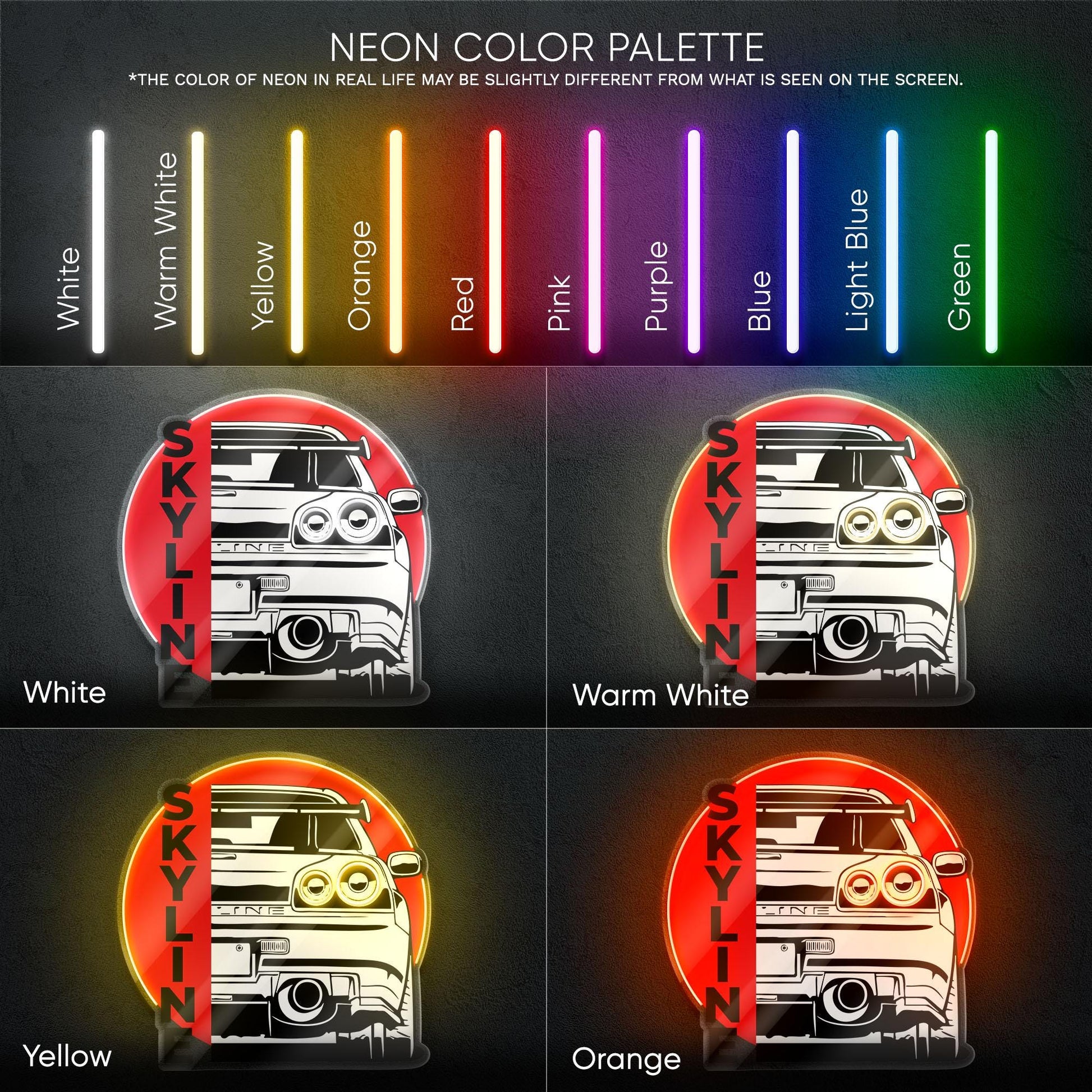 Nissan Skyline Neon Sign - Rear view wall art of legendary JDM icon R34, perfect for garage, man cave, tuner setup, street racing enthusiast