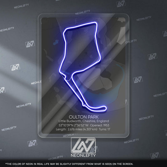 Oulton Park Neon Sign - Classic British motorsport circuit art for racing fans, perfect for garage, man cave, track-inspired decor space