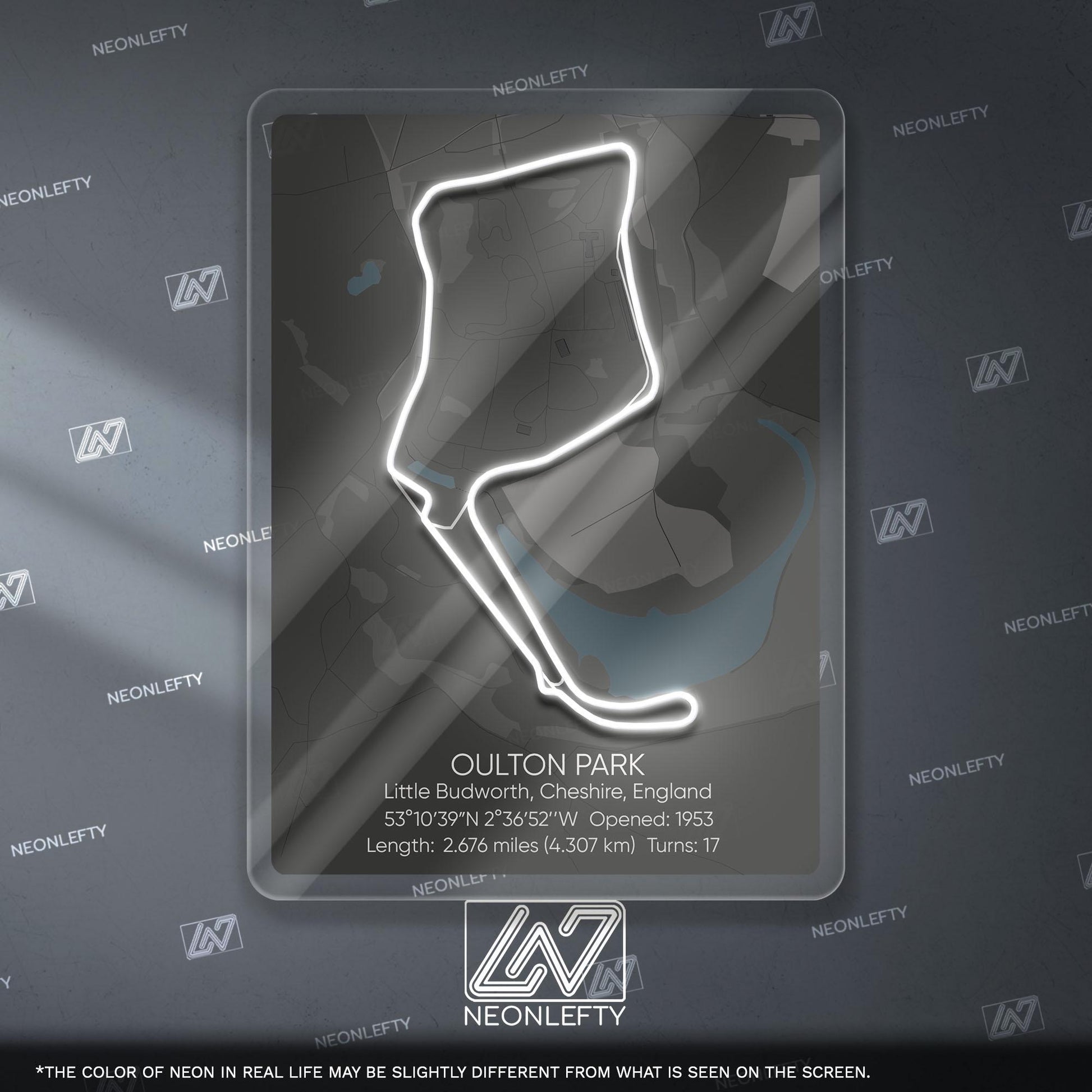 Oulton Park Neon Sign - Classic British motorsport circuit art for racing fans, perfect for garage, man cave, track-inspired decor space