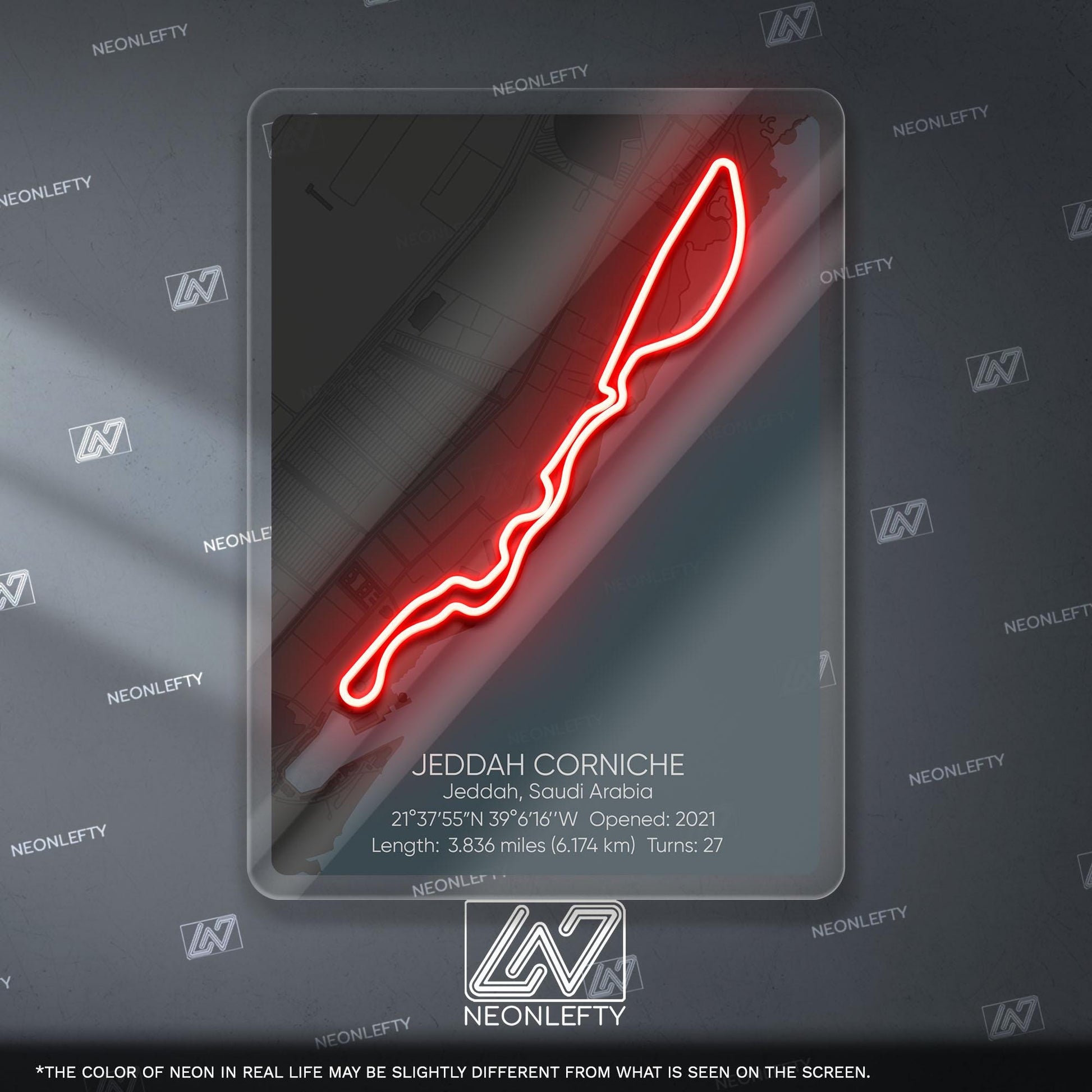 Jeddah Circuit Neon Sign - Modern Formula 1 street circuit wall art inspired by the Saudi Arabian Grand Prix, perfect for garage, race fan