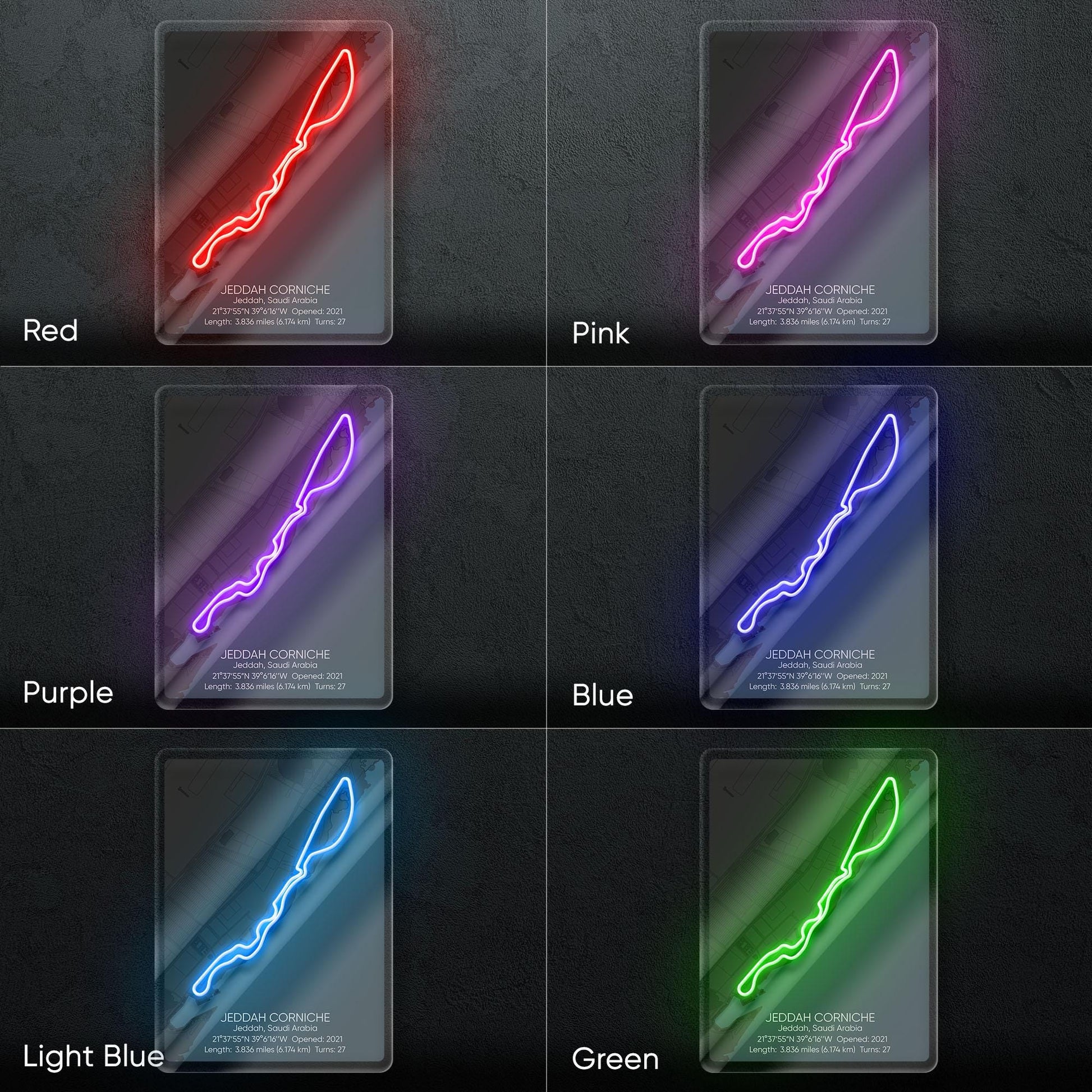 Jeddah Circuit Neon Sign - Modern Formula 1 street circuit wall art inspired by the Saudi Arabian Grand Prix, perfect for garage, race fan