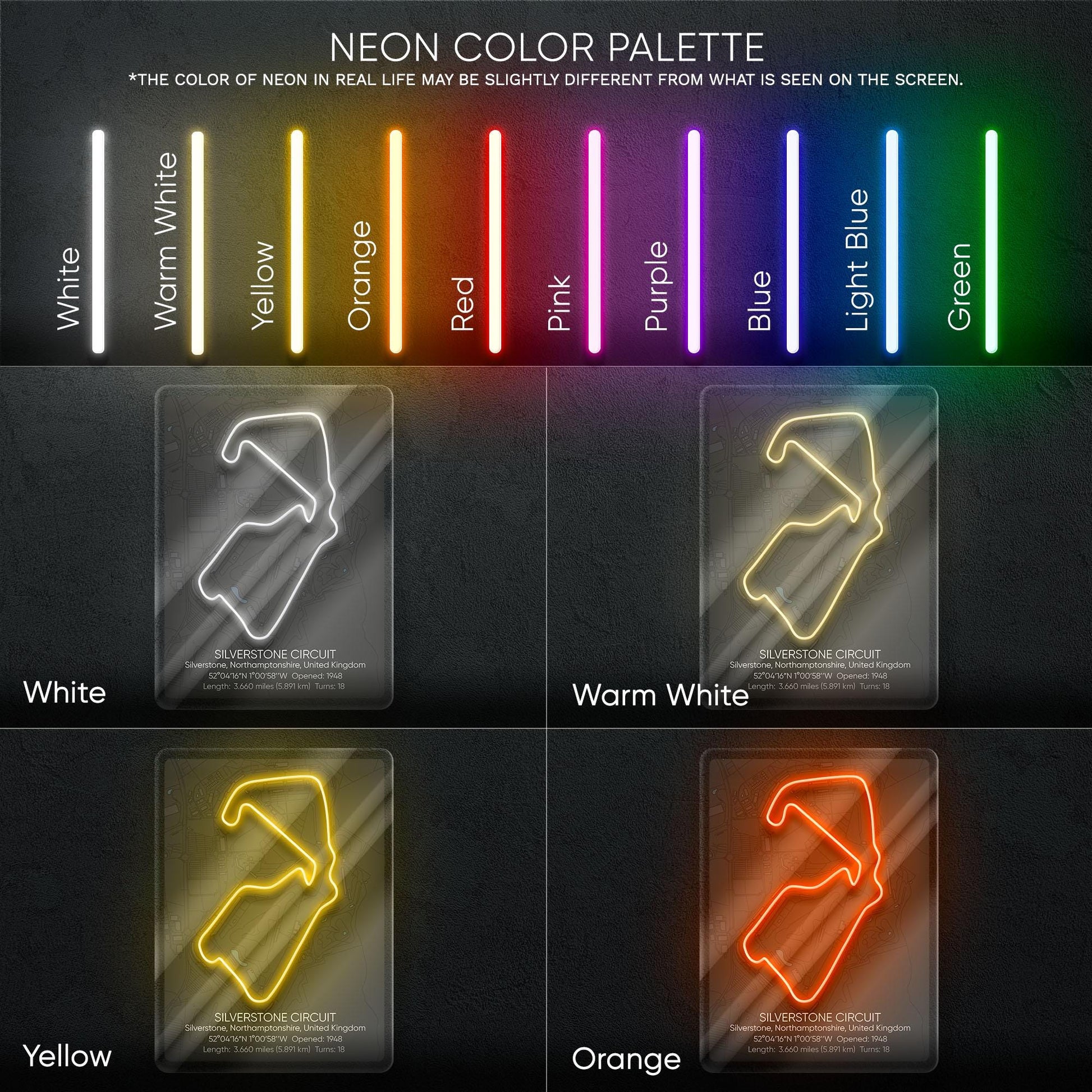 Silverstone Circuit Neon Sign - Historic British Formula 1 track wall art for motorsport fans, perfect for garage, man cave, racing decor