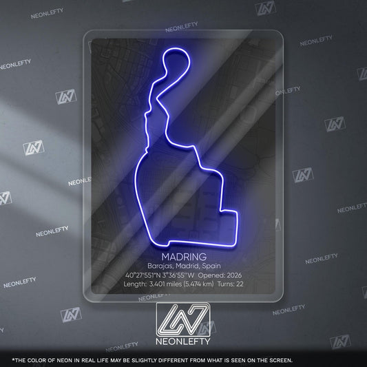 Madring Circuit Neon Sign - Modern racing track wall art inspired by Circuito de Madring, perfect for garage, man cave, motorsport room