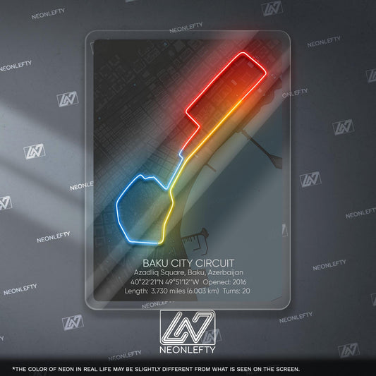 Baku Circuit Neon Sign - Iconic Formula 1 street track wall art inspired by the Azerbaijan Grand Prix, perfect for garage, racing decor