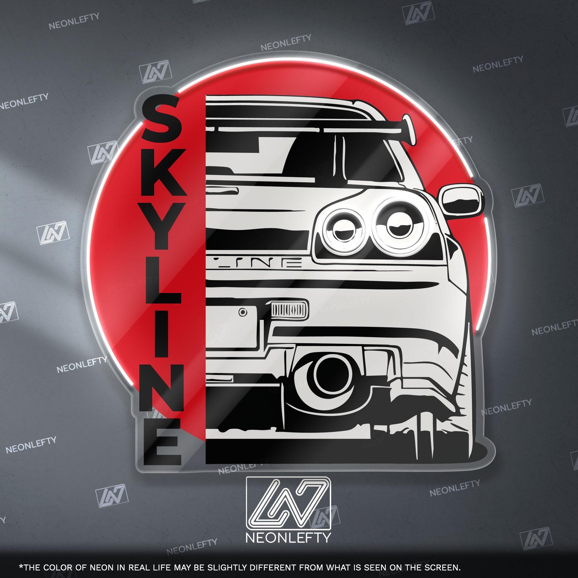 Nissan Skyline Neon Sign - Rear view wall art of legendary JDM icon R34, perfect for garage, man cave, tuner setup, street racing enthusiast