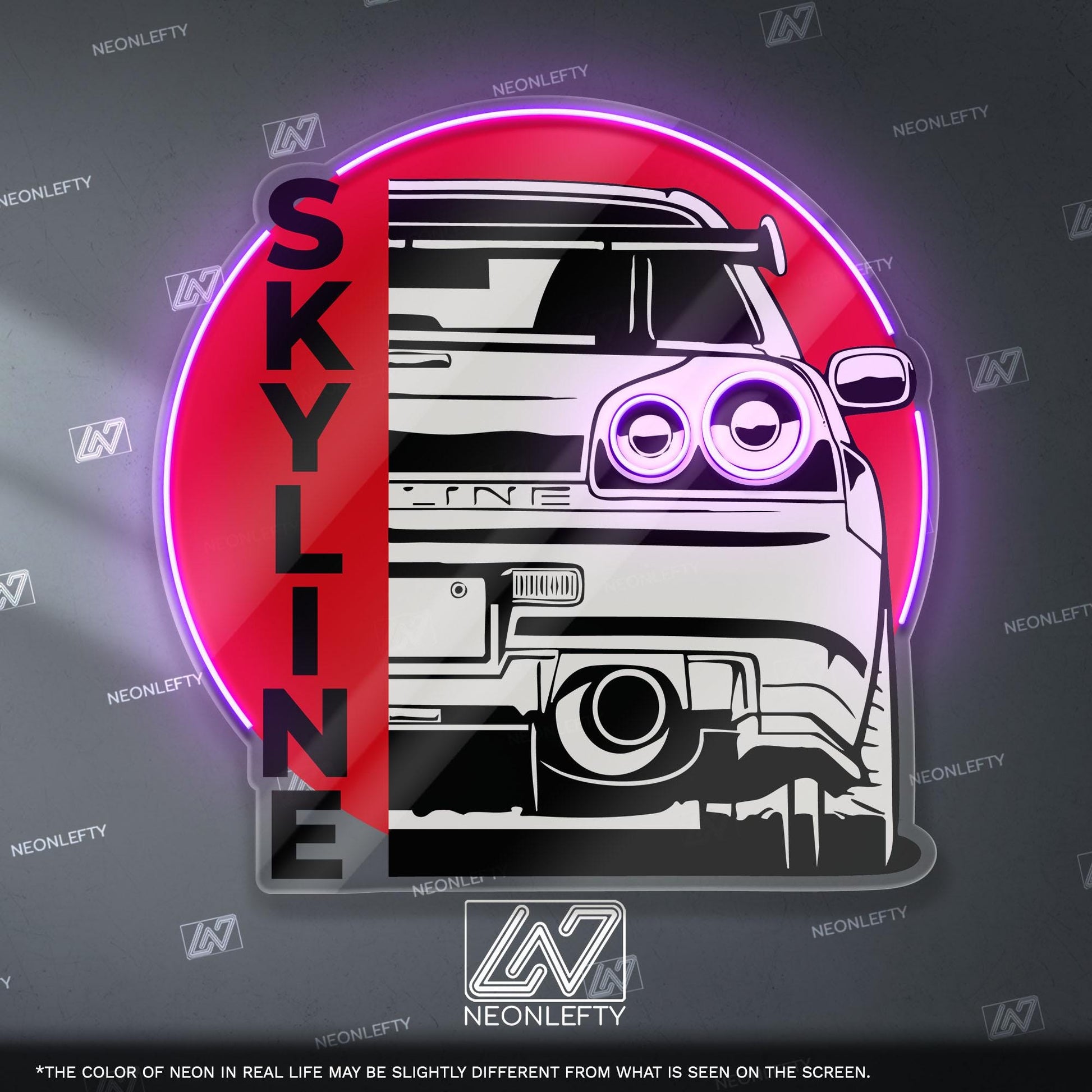 Nissan Skyline Neon Sign - Rear view wall art of legendary JDM icon R34, perfect for garage, man cave, tuner setup, street racing enthusiast