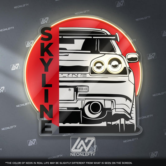 Nissan Skyline Neon Sign - Rear view wall art of legendary JDM icon R34, perfect for garage, man cave, tuner setup, street racing enthusiast