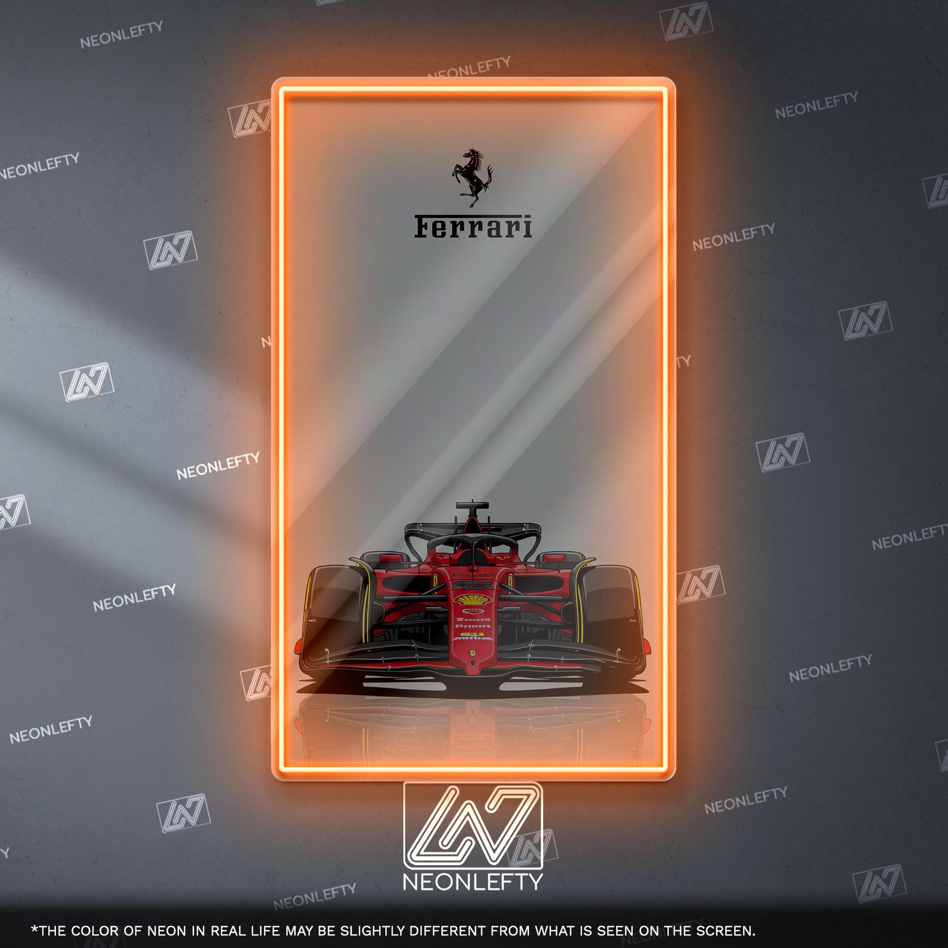 Ferrari F1 Neon Sign - Bold front view wall art of iconic Scuderia Ferrari Formula 1 car, perfect for garage, man cave, office or motorsport