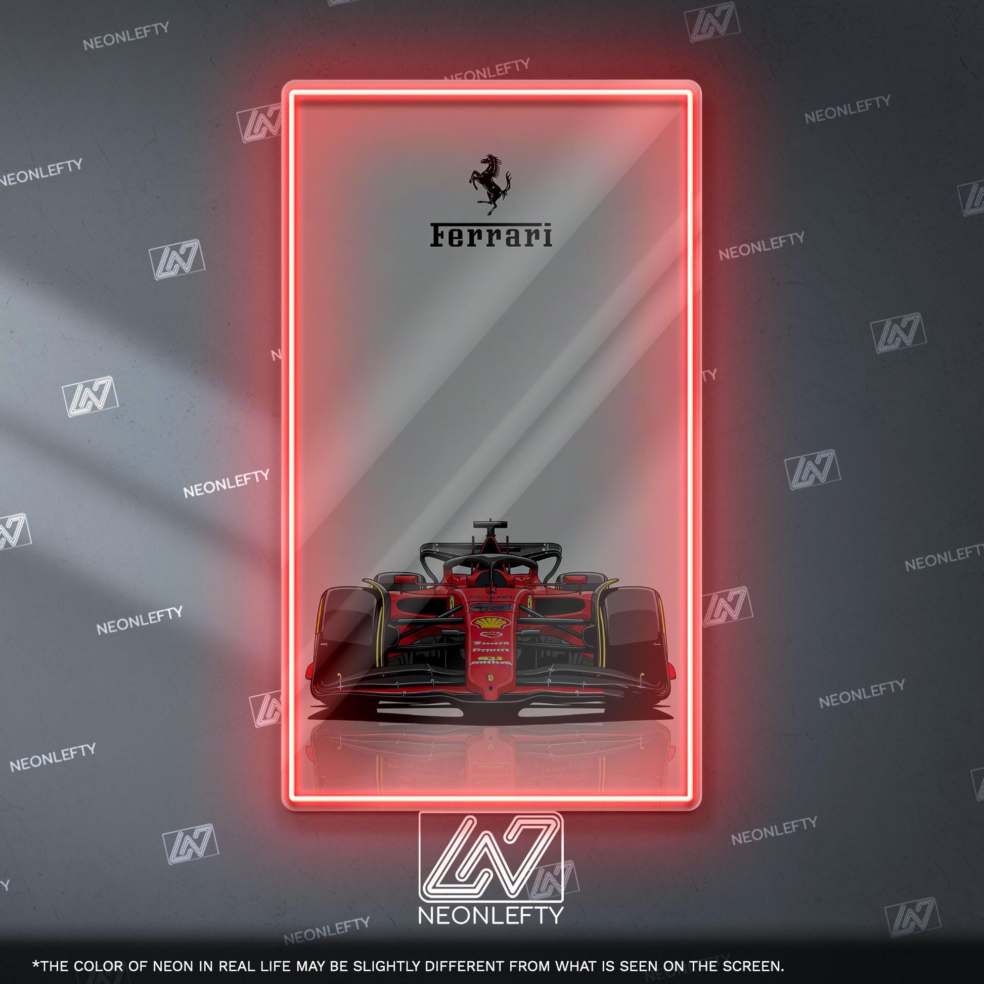 Ferrari F1 Neon Sign - Bold front view wall art of iconic Scuderia Ferrari Formula 1 car, perfect for garage, man cave, office or motorsport