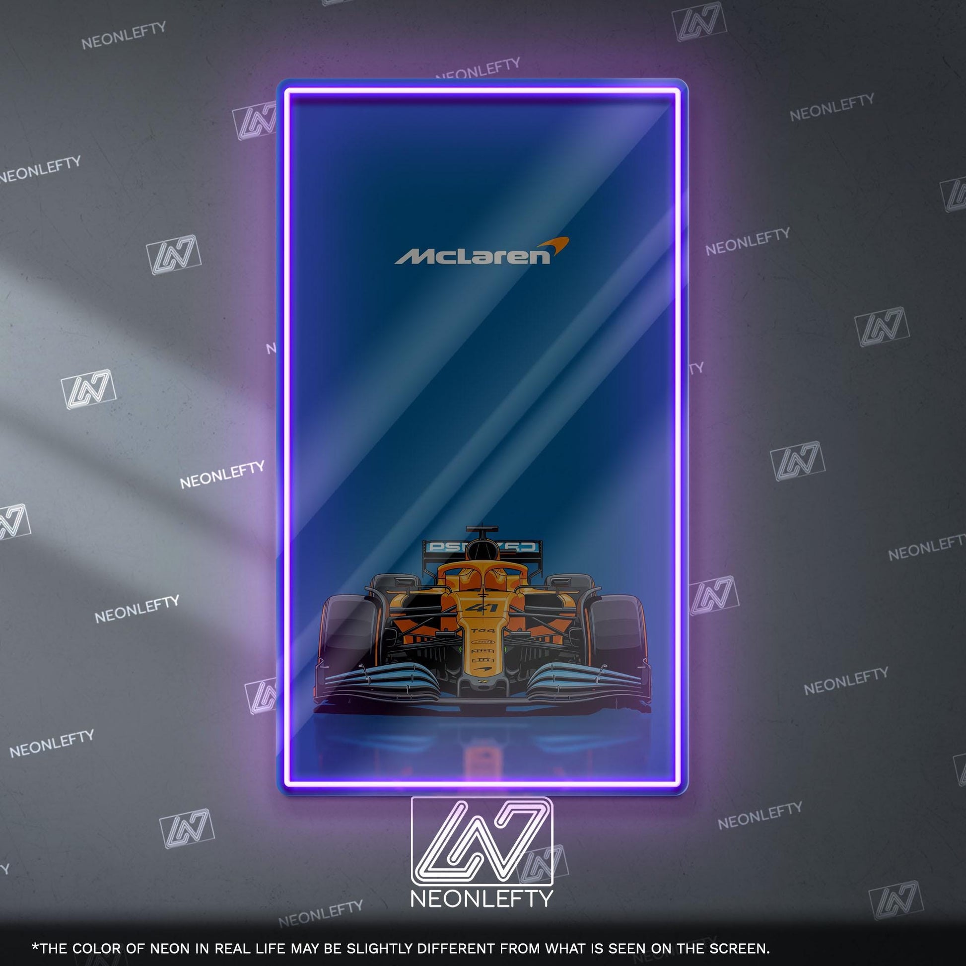 McLaren F1 Neon Sign - Bold front view wall art of iconic McLaren Formula 1 car, perfect for garage, man cave, office or motorsport setup