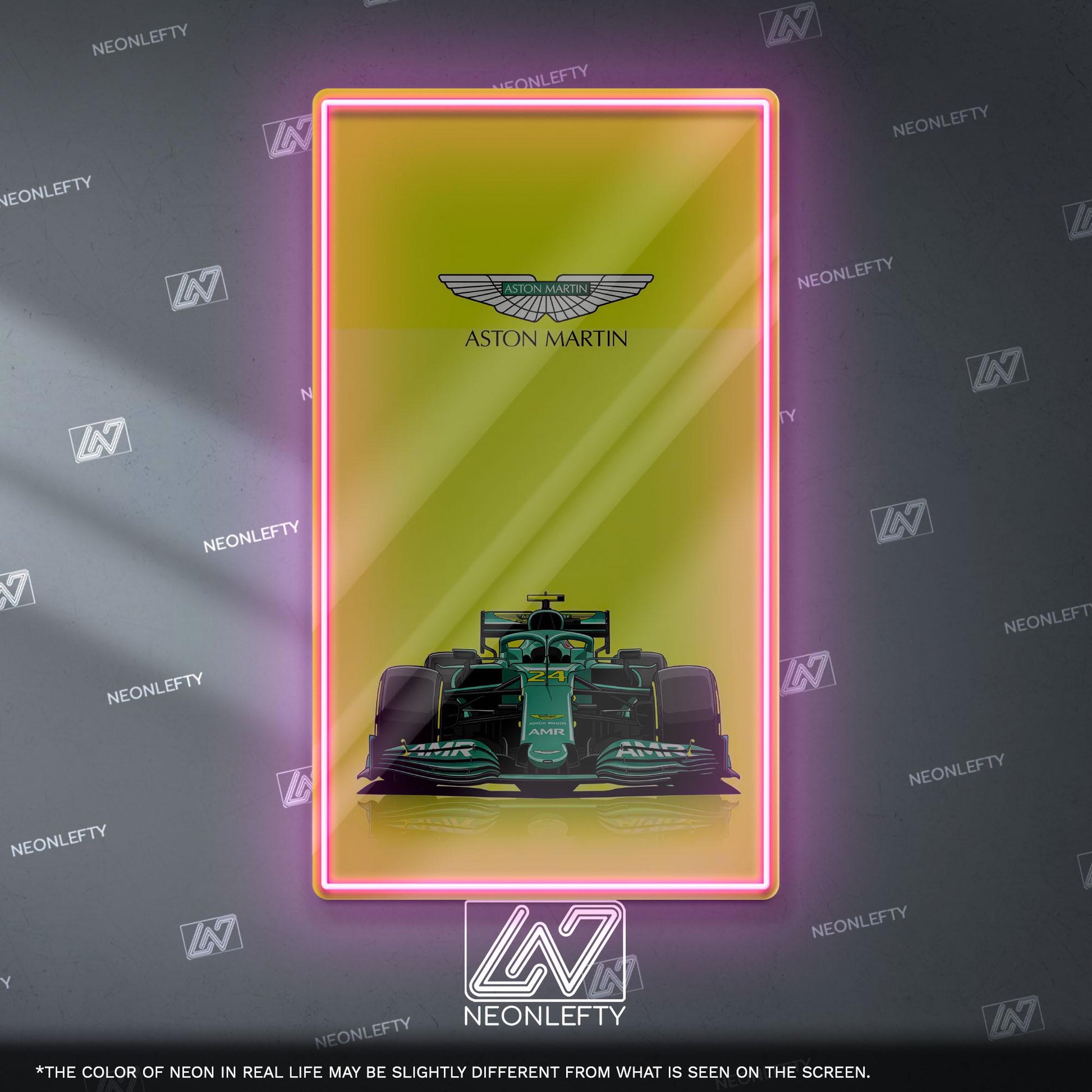 Aston Martin F1 Neon Sign - Front view wall art of Aston Martin Formula 1 car, perfect for garage, man cave, office or motorsport decor