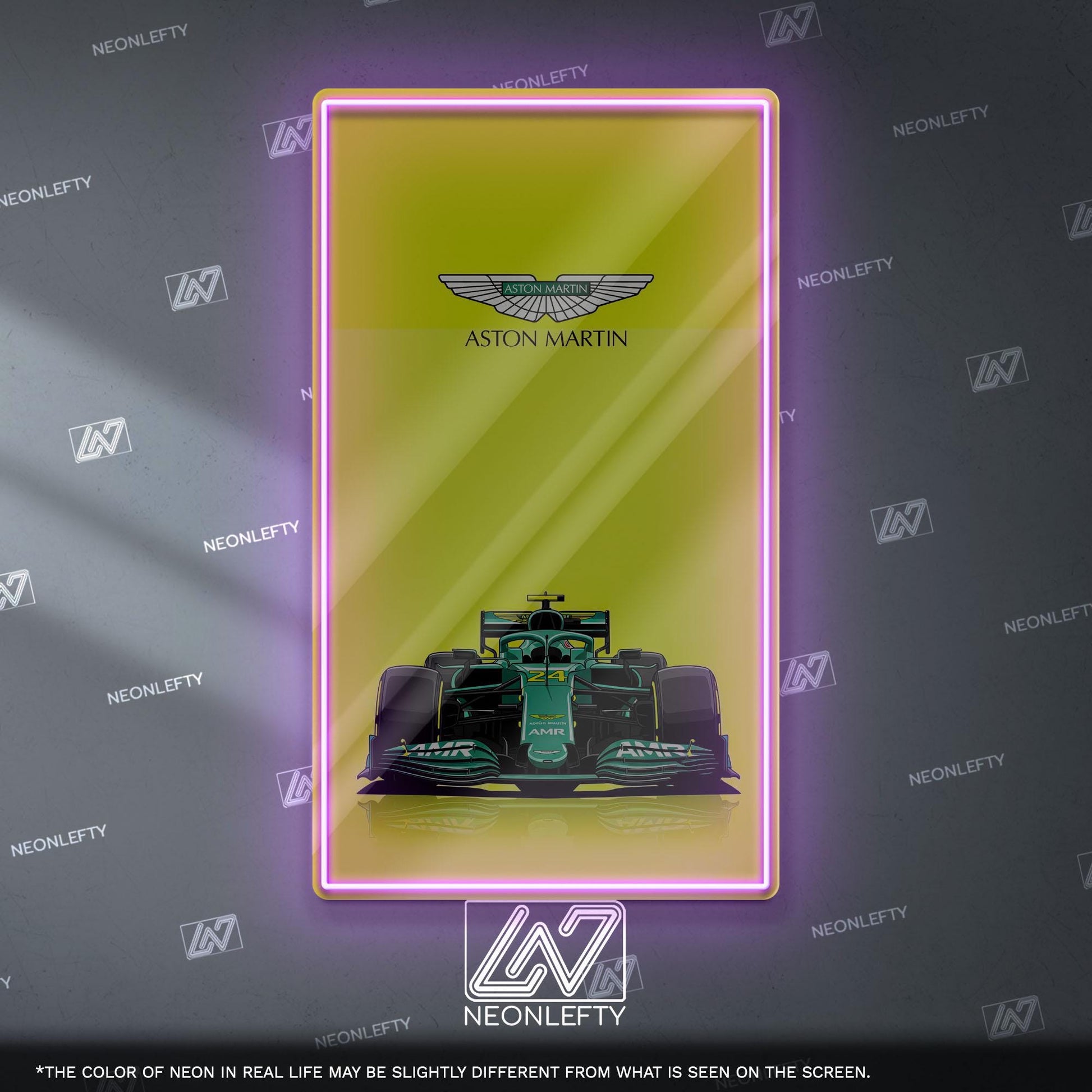Aston Martin F1 Neon Sign - Front view wall art of Aston Martin Formula 1 car, perfect for garage, man cave, office or motorsport decor