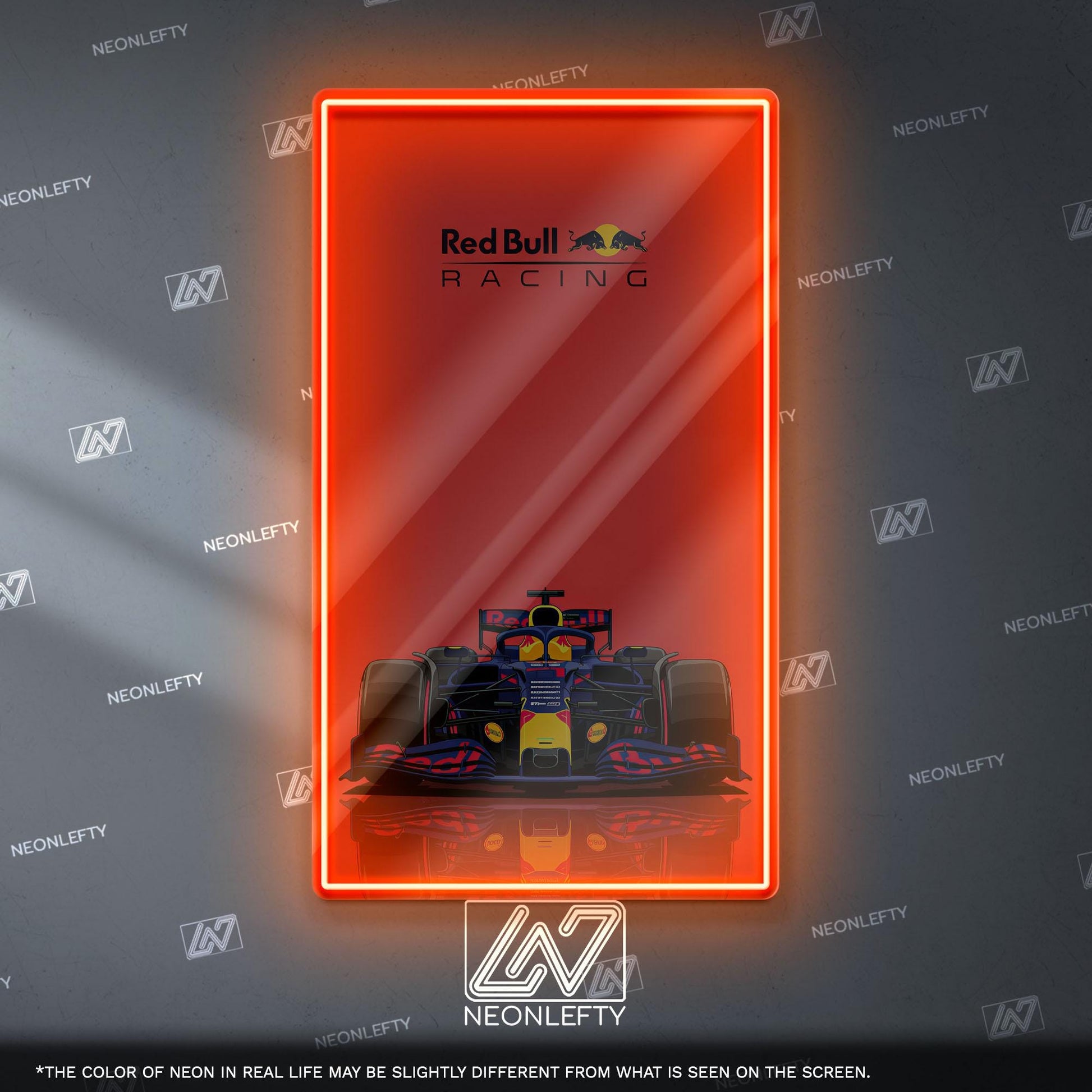 Red Bull Racing F1 Neon Sign - Dynamic front view wall art of iconic Formula 1 team car, perfect for garage, man cave, office or motorsport