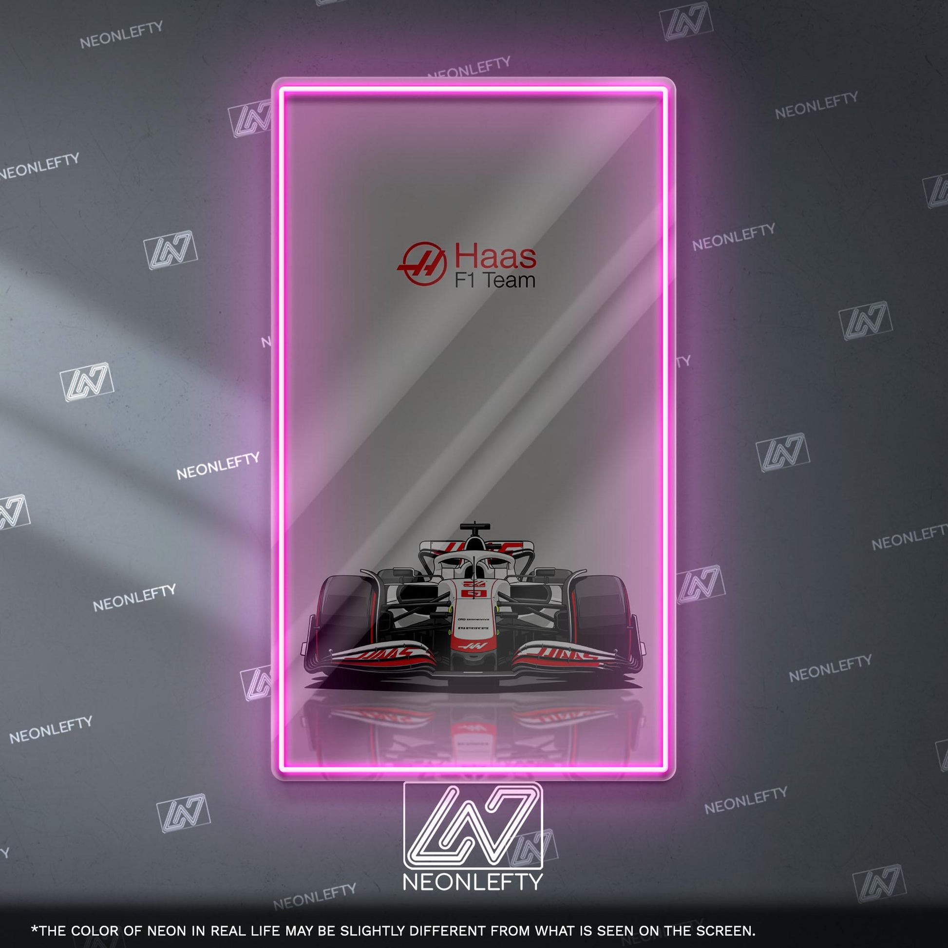 Haas F1 Team Neon Sign - Bold front view wall art of American Formula 1 car, perfect for garage, man cave, office or motorsport collection
