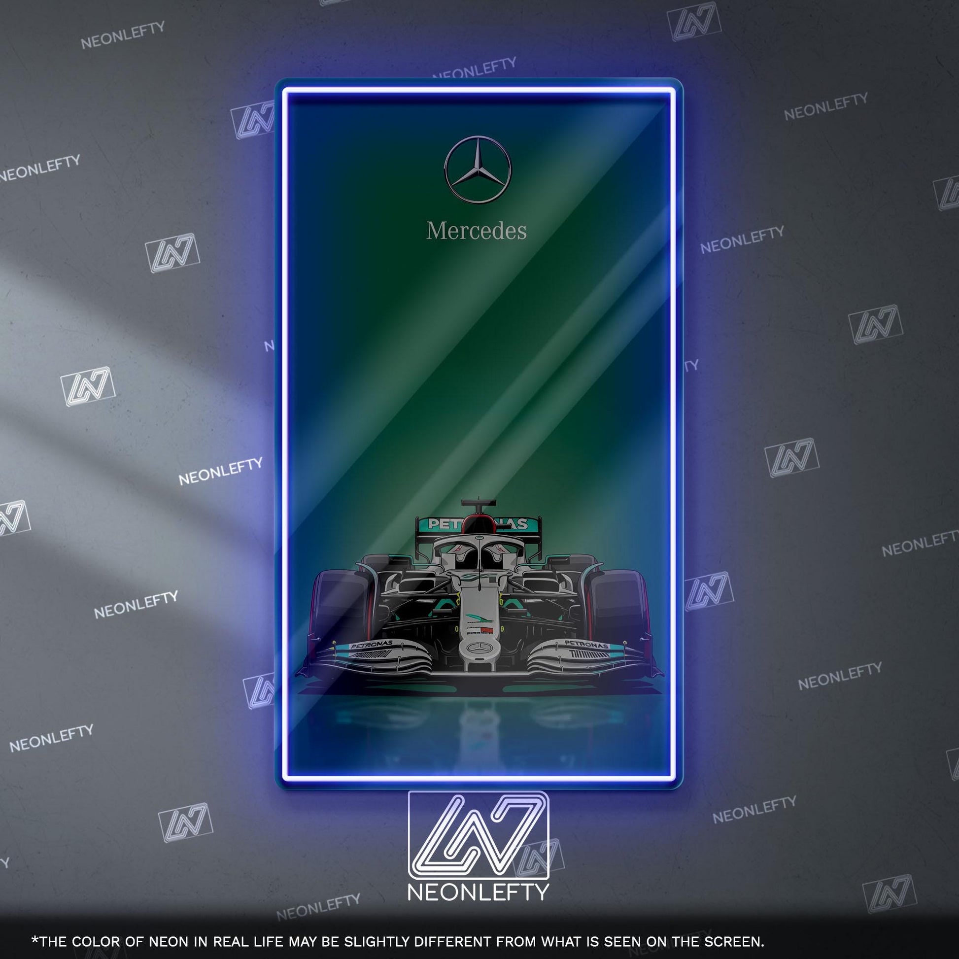 Mercedes F1 Neon Sign - Sleek front view wall art of iconic Formula 1 car, perfect for garage, man cave, office or motorsport enthusiast