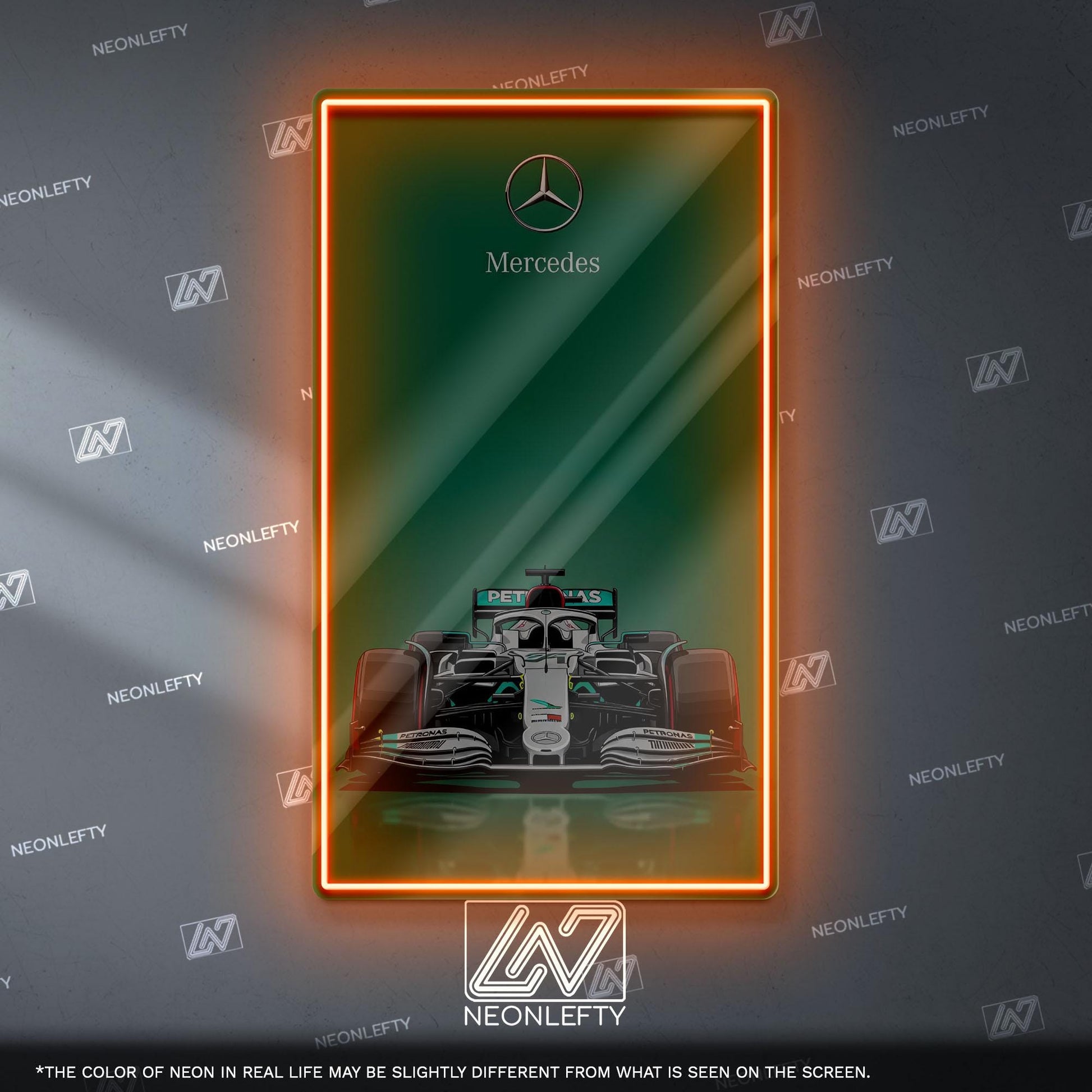 Mercedes F1 Neon Sign - Sleek front view wall art of iconic Formula 1 car, perfect for garage, man cave, office or motorsport enthusiast