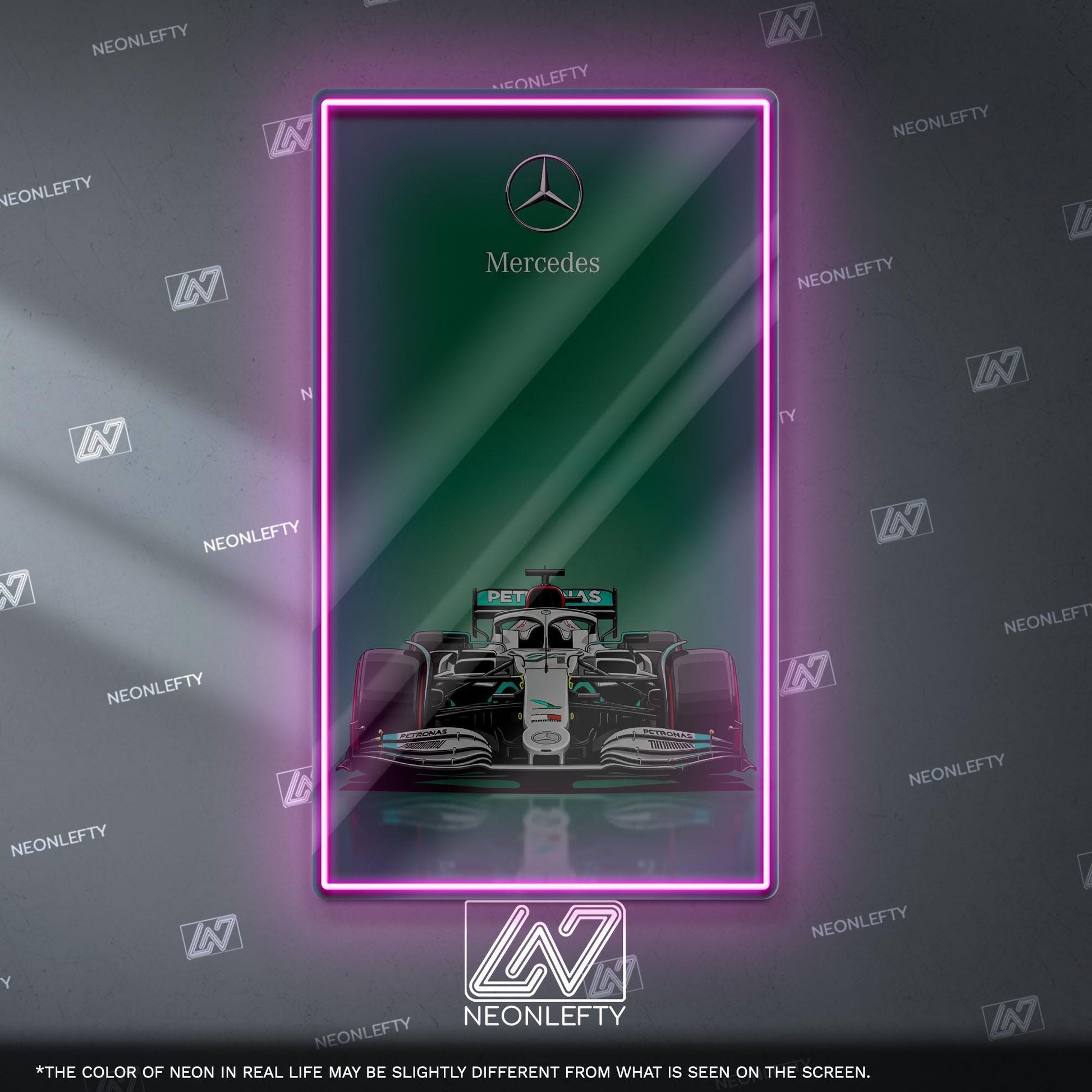 Mercedes F1 Neon Sign - Sleek front view wall art of iconic Formula 1 car, perfect for garage, man cave, office or motorsport enthusiast