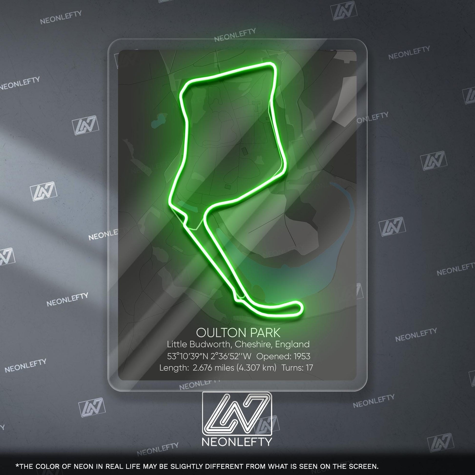 Oulton Park Neon Sign - Classic British motorsport circuit art for racing fans, perfect for garage, man cave, track-inspired decor space