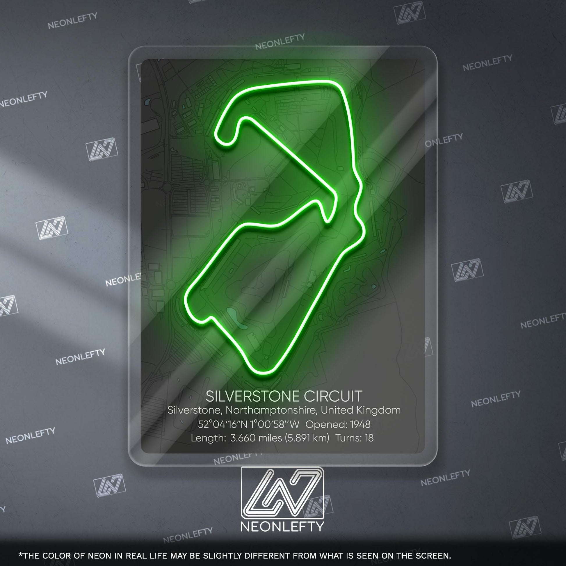 Silverstone Circuit Neon Sign - Historic British Formula 1 track wall art for motorsport fans, perfect for garage, man cave, racing decor