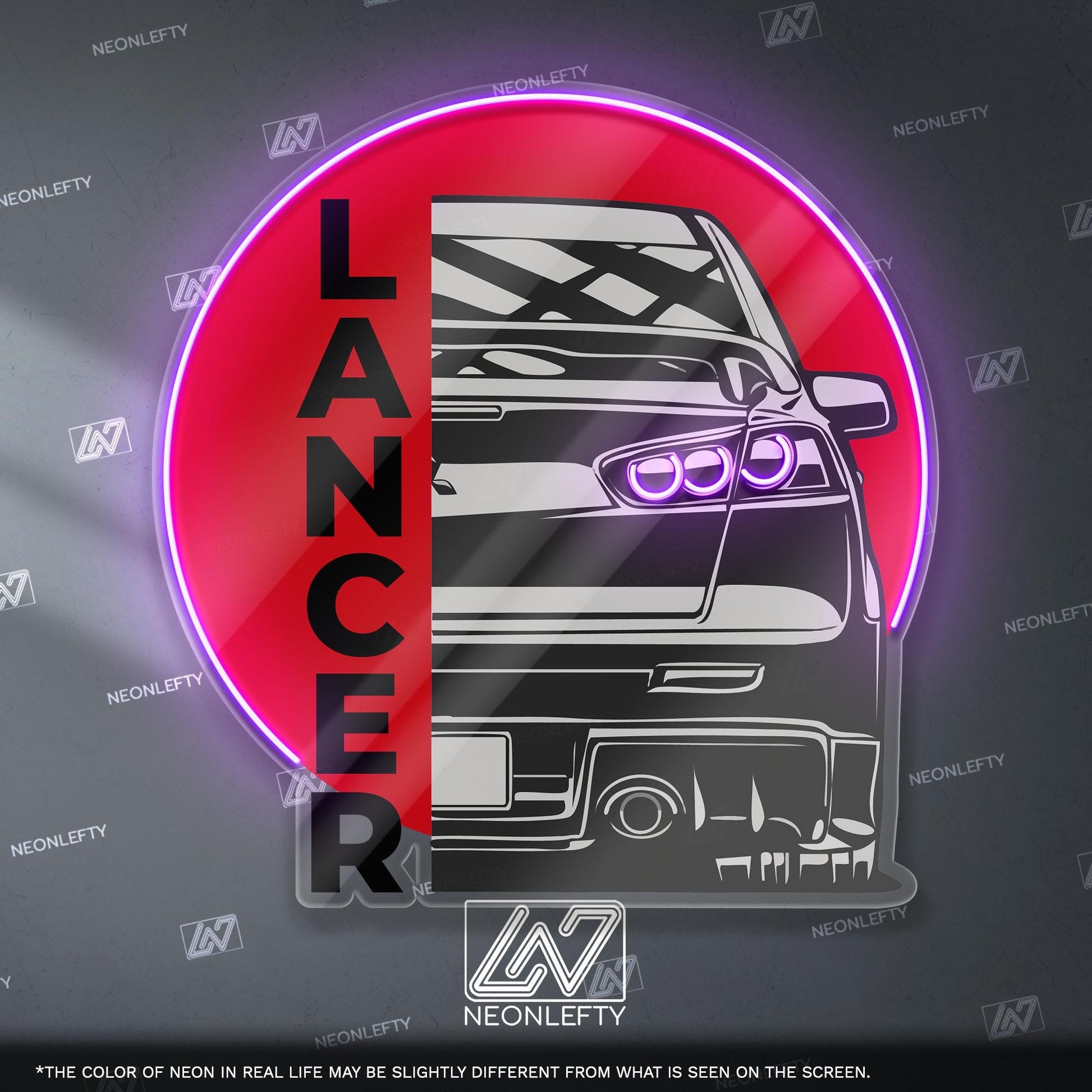 Lancer Evo X Neon Sign - Rear view wall art of iconic Mitsubishi Evo X, perfect for garage, man cave, tuner room or JDM rally car enthusiast