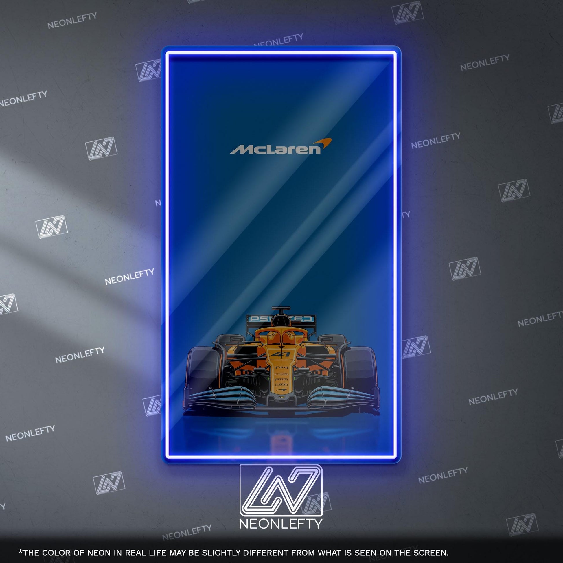 McLaren F1 Neon Sign - Bold front view wall art of iconic McLaren Formula 1 car, perfect for garage, man cave, office or motorsport setup