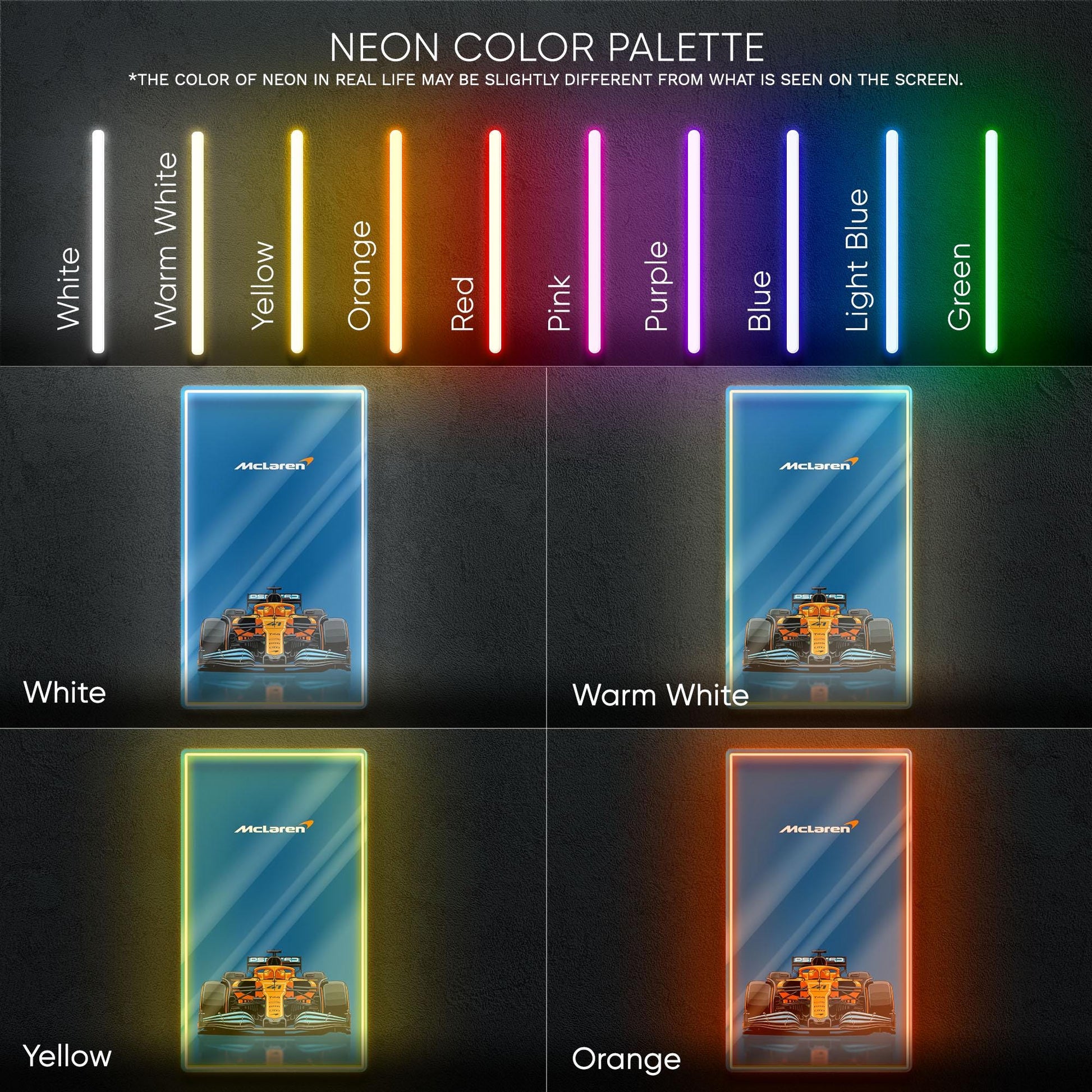 McLaren F1 Neon Sign - Bold front view wall art of iconic McLaren Formula 1 car, perfect for garage, man cave, office or motorsport setup