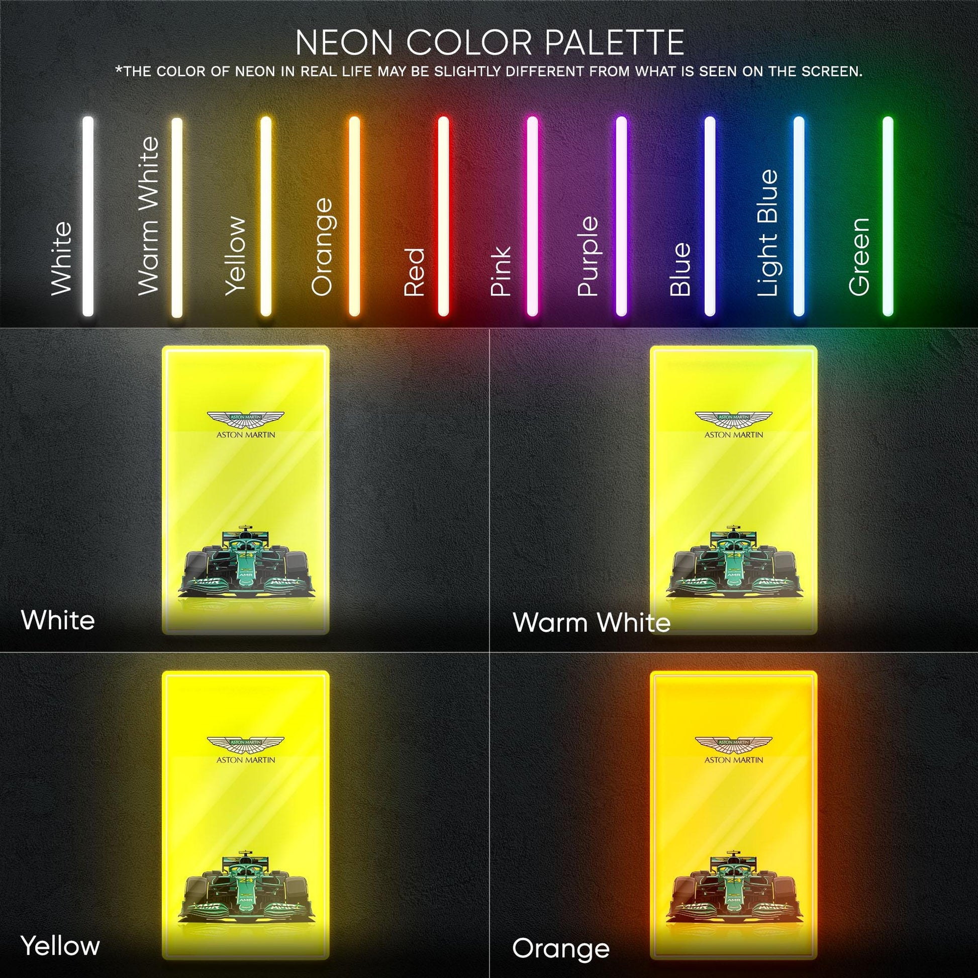 Aston Martin F1 Neon Sign - Front view wall art of Aston Martin Formula 1 car, perfect for garage, man cave, office or motorsport decor