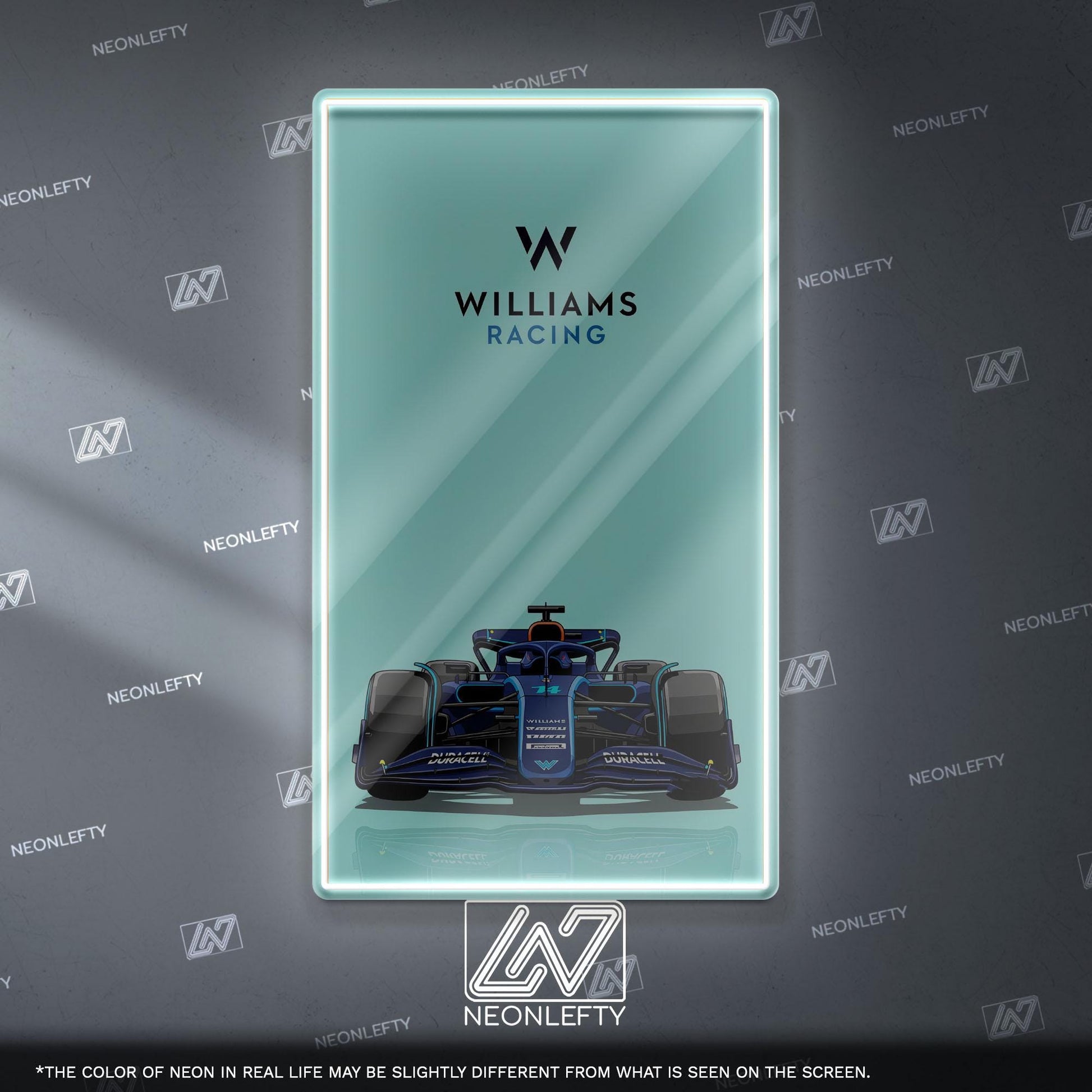 Williams Racing F1 Neon Sign - Front view wall art of iconic Formula 1 team car, perfect for garage, man cave, office or motorsport setup