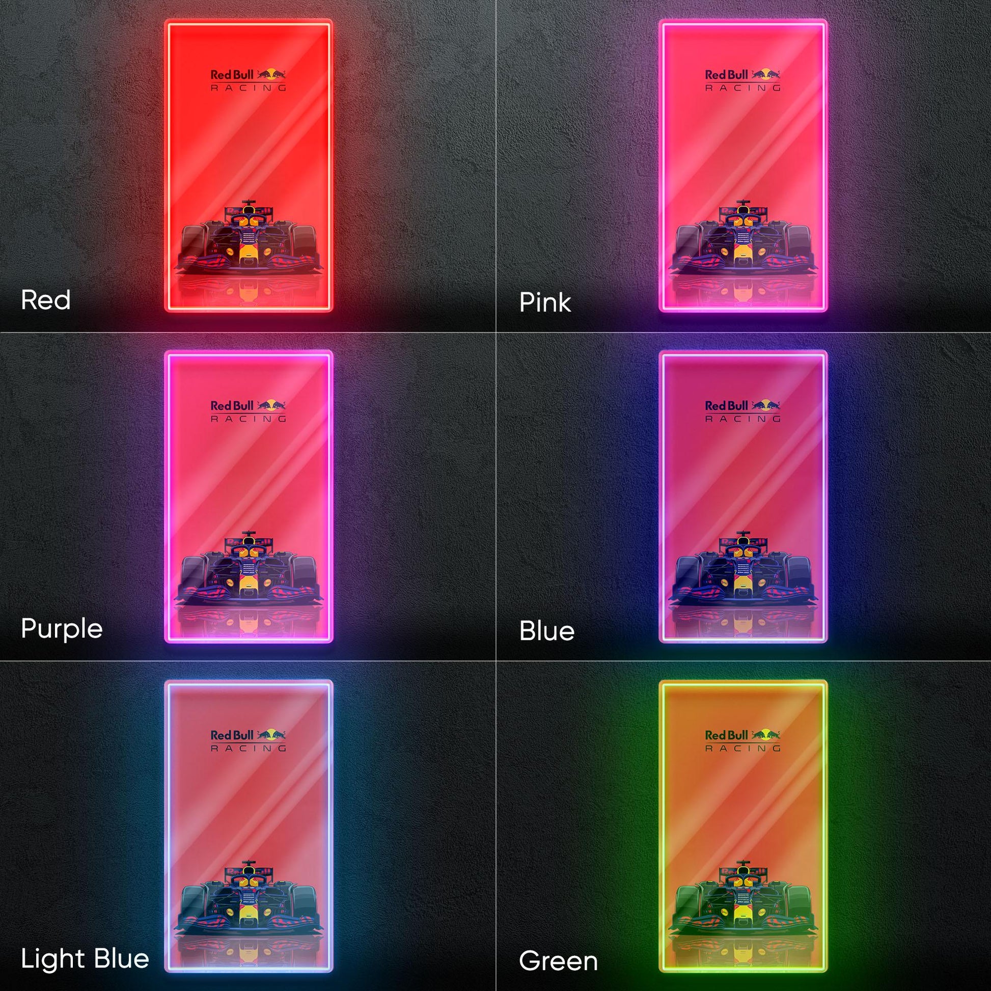 Red Bull Racing F1 Neon Sign - Dynamic front view wall art of iconic Formula 1 team car, perfect for garage, man cave, office or motorsport