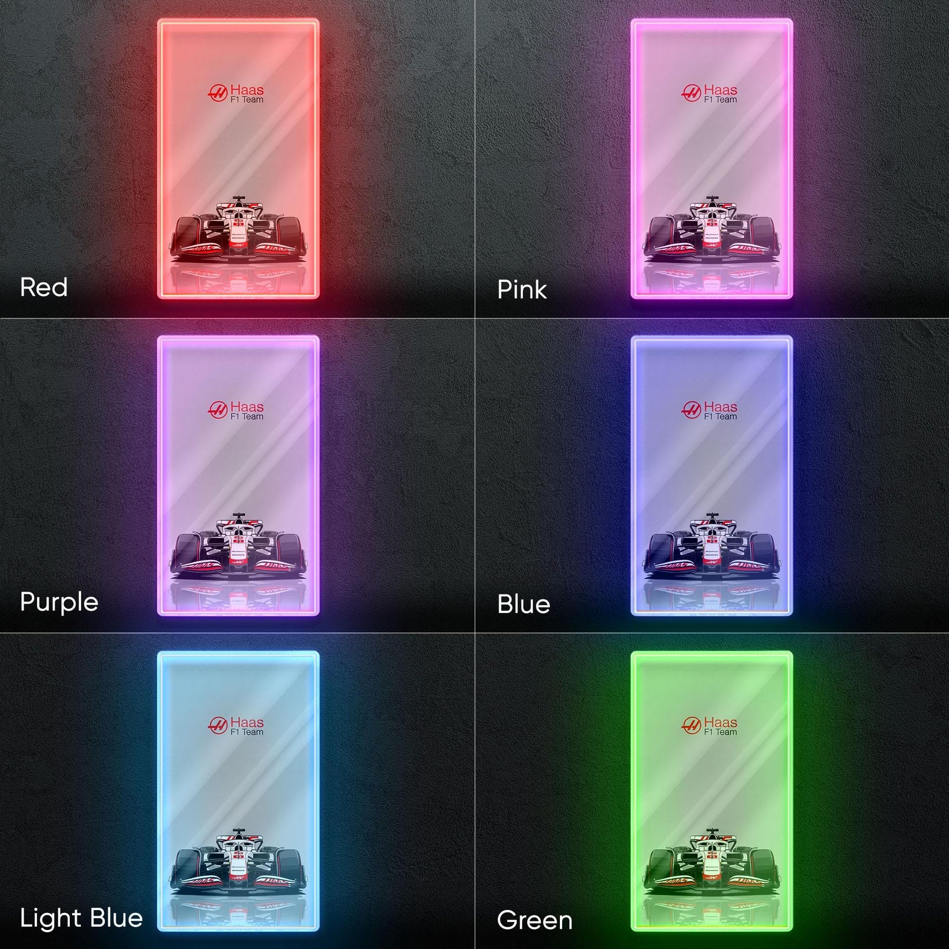 Haas F1 Team Neon Sign - Bold front view wall art of American Formula 1 car, perfect for garage, man cave, office or motorsport collection