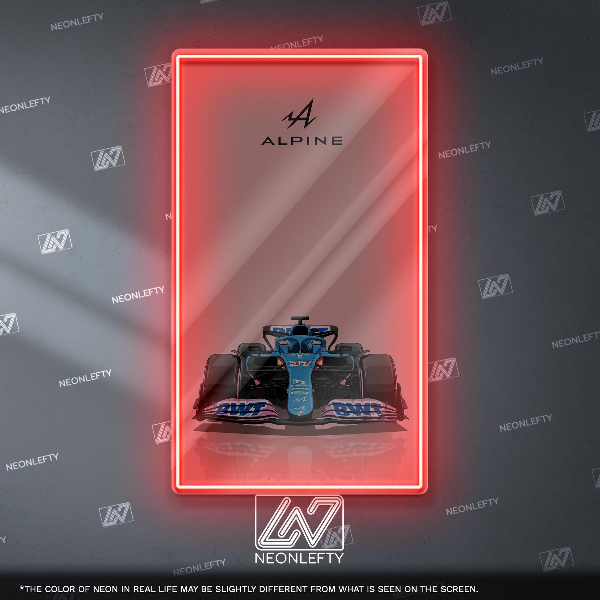 Alpine F1 Neon Sign - Front view wall art of Alpine Formula 1 car, perfect for garage, man cave, office or motorsport enthusiast interior