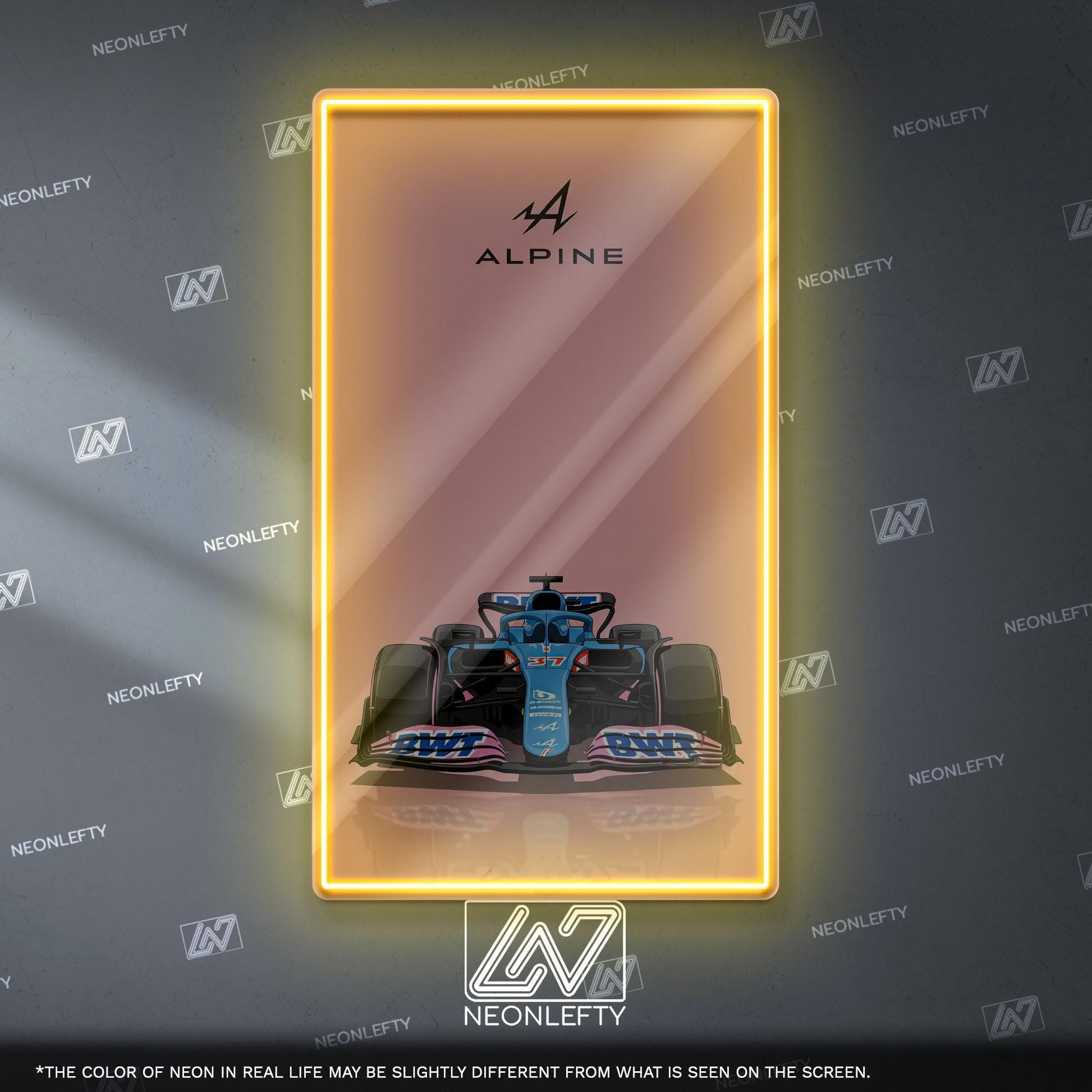 Alpine F1 Neon Sign - Front view wall art of Alpine Formula 1 car, perfect for garage, man cave, office or motorsport enthusiast interior