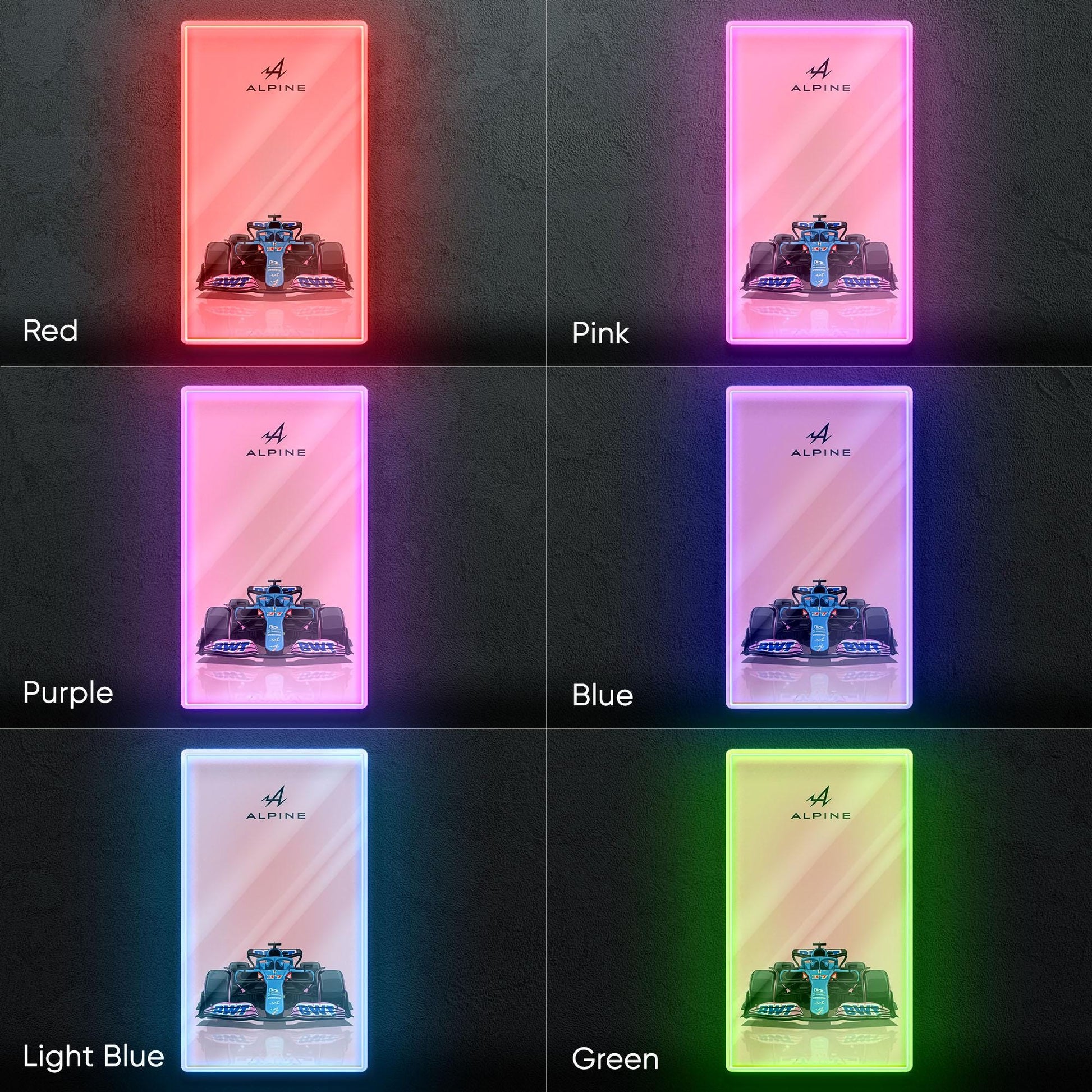 Alpine F1 Neon Sign - Front view wall art of Alpine Formula 1 car, perfect for garage, man cave, office or motorsport enthusiast interior