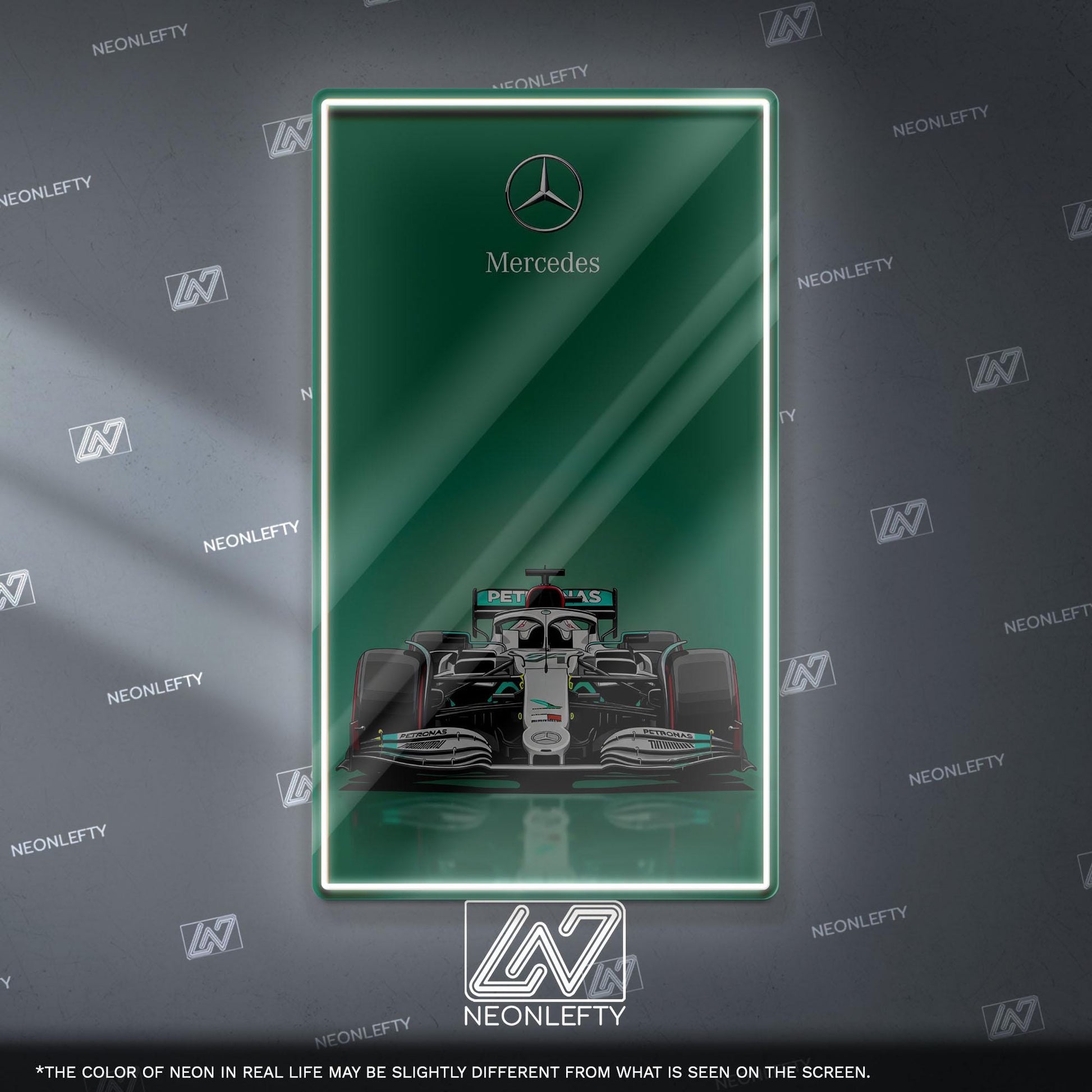 Mercedes F1 Neon Sign - Sleek front view wall art of iconic Formula 1 car, perfect for garage, man cave, office or motorsport enthusiast